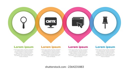 Ajuste la lupa, la burbuja de voz con el CMYK de texto, el diseño y desarrollo de la web y el pin Push. Plantilla de infografía empresarial. Vector