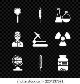Set Magnifying glass, Syringe, Test tube and flask chemical laboratory, Earth globe, Meteorology thermometer measuring, Medicine bottle pills, Scientist and Microscope icon. Vector