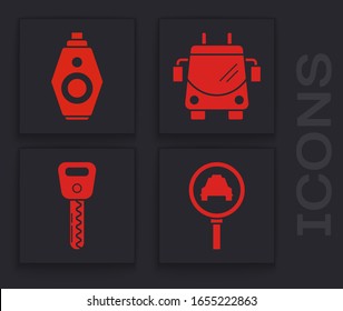 Set Magnifying glass and taxi car, Car key with remote, Trolleybus and Car key icon. Vector