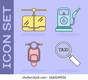 Set Magnifying glass and taxi car, Cable car, Scooter and Petrol or Gas station icon. Vector