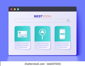 Set Magnifying glass and taxi car, Laptop with location marker and Taxi call telephone service icon. Vector