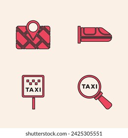 Set Magnifying glass and taxi car, Gps device with map, High-speed train and Road sign for stand icon. Vector