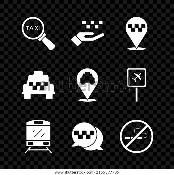 Set Magnifying glass and taxi car, Hand with,\
Location, Train, Taxi call telephone service, No Smoking,  and \
icon. Vector
