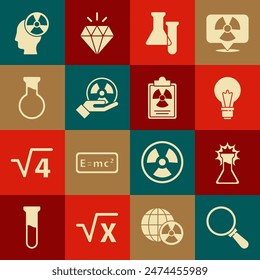 Set Magnifying glass, Test tube and flask, Light bulb with concept of idea, Radioactive, Head radiation symbol and Radiation warning document icon. Vector