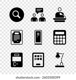 Set Magnifying glass, Two sitting men talking, Gives lecture, Exam paper with incorrect answers, Graphic tablet, Table lamp, Certificate template and Locker changing room icon. Vector - Powered by Shutterstock - Get 15% off with code: PIKWIZARD15