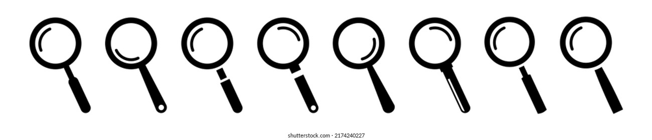 Satz von Vergrößerungsglas-Vektorsymbole. Suchsymbol. Vektor 10 EPS.