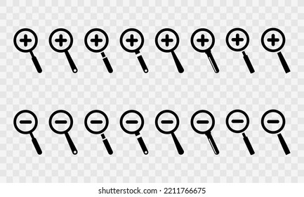 Set of magnifying glass vector icons with plus and minus on transparent background. Search symbol. Vector 10 EPS.