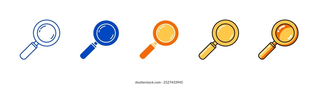 Conjunto de iconos vectoriales de lupa con estilos de contorno, plano y color para símbolos de búsqueda, educación y productividad.
