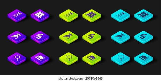 Set Magnifying glass, Viking horned helmet, Roman army, Feather and inkwell, Online museum and Castle tower icon. Vector