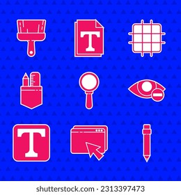 Establecer vidrio de aumento, diseño y desarrollo web, Lápiz con borrador, efecto de ojo rojo, Texto, Lápiz de regla cruzado, Papel de gráfico de cuadrícula e icono de pincel de pintura. Vector