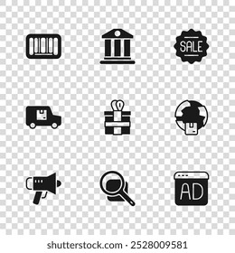 Set Magnifying glass, Worldwide shipping, Advertising, Gift box, Price tag with Sale, Barcode, Bank building and Delivery cargo truck icon. Vector