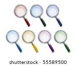 Set of  magnifying glasses with different colors of lenses, handles and shadows