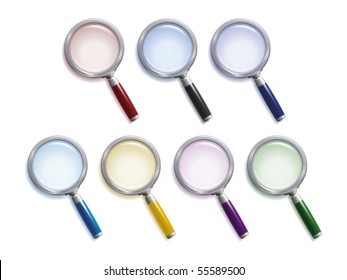 Set of  magnifying glasses with different colors of lenses, handles and shadows