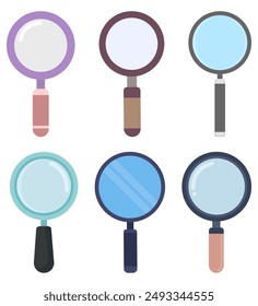 Set of magnifying glasses with different style isolated on white background.