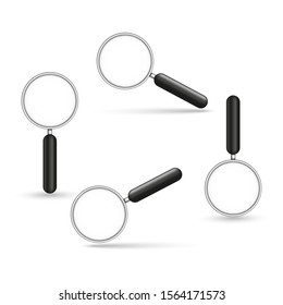 Set of magnifying glasses isolated on white at different angles realistic 3d magnifier objects vector illustration