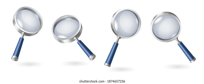 Set of magnifying glasses realistic isolated on white background with shadows. 3d magnifiers collection for magnification. Vector illustration