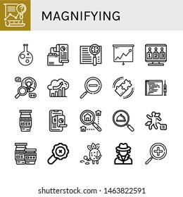 Set of magnifying icons such as Analysis, Research, Search, Candidates, Zoom out, Code injection, Lens, Searching, Crime scene, Detective, Zoom in , magnifying