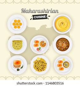 Set of Maharashtrian cusine on yellow state map background.