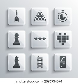 Set Mahjong pieces, Domino, Pixel hearts for game, Hearts, Chess, Dart arrow and Stopwatch icon. Vector