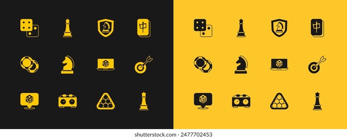 Set Mahjong pieces, Time chess clock, Game dice, Billiard balls in triangle, Chess,  and  icon. Vector
