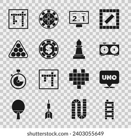 Set Mahjong pieces, Uno card game, Time chess clock, Sport mechanical scoreboard, Casino chip with dollar, Billiard balls triangle, Bingo and Chess icon. Vector