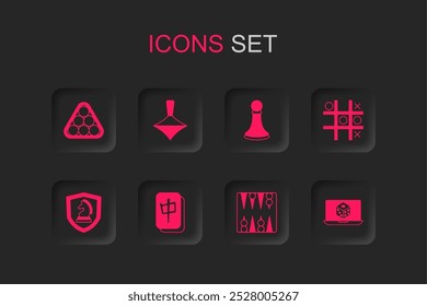 Set Mahjong pieces, Whirligig toy, Billiard balls in triangle, Backgammon board, Tic tac toe game, Game dice, Chess pawn and  icon. Vector