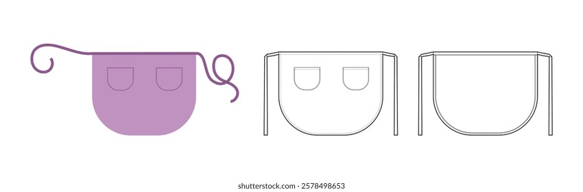 Set of Maid Aprons Scalloped technical fashion illustration. uniform for cleaning violet cartoon Flat sketch outline apparel template front, back view. Women, men unisex CAD mockup isolated on white