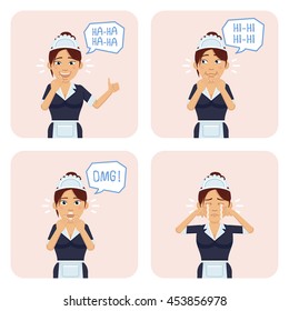 Set of maid characters showing different facial expressions. Cheerful housemaid showing thumb up gesture, laughing, crying, smiling, surprised. Flat style vector illustration
