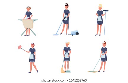 Set of maid posing in different actions. Vector illustration in flat cartoon style.
