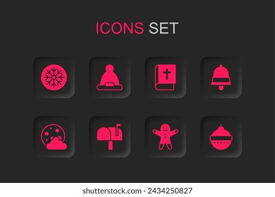 Set Mail box, Christmas Santa Claus hat, Snowflake, Holiday gingerbread man cookie, ringing bell, ball, Holy bible book and night icon. Vector