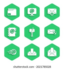 Set Mail box, Download inbox, Envelope, with shield, and e-mail, Address book, Received message concept and Document folder icon. Vector