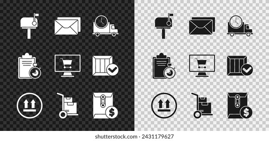 Set Mail box, Envelope, Logistics delivery truck and clock, This side up, Hand boxes, with dollar symbol, Verification of list clipboard and Shopping cart computer icon. Vector - Powered by Shutterstock - Get 15% off with code: PIKWIZARD15