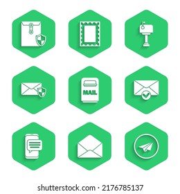 Set Mail box, Envelope, Paper plane, and check mark, Chat messages notification on phone, with shield,  and  icon. Vector
