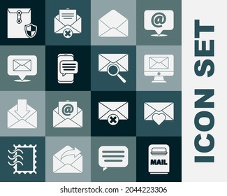 Set Mail box, Envelope with Valentine heart, Monitor and envelope, Chat messages notification phone, Speech bubble, shield and magnifying glass icon. Vector