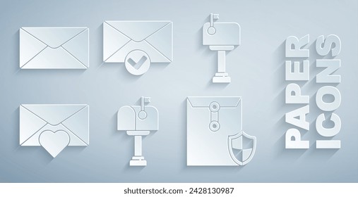 Establecer cuadro de correo, sobre con corazón de San Valentín, escudo, y marca de verificación e icono. Vector