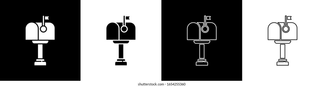 Set Mail box icon isolated on black and white background. Mailbox icon. Mail postbox on pole with flag.  Vector Illustration