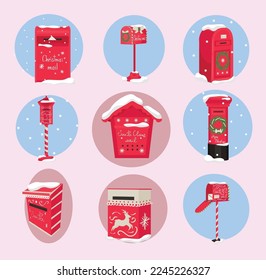 Set of mail boxes for Christmas letters on pink background