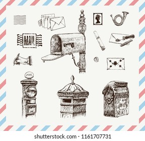 Set of mail boxes, letters, postal letterbox. Letter with sealing wax, postage stamps. Writing hand and post horn. Hand drawn vector vintage illustration