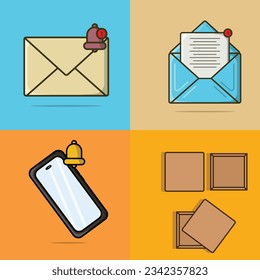 Set von E-Mails, Kartons und Smartphone mit leerem Bildschirm und Benachrichtigungsglocke Vektorgrafik.