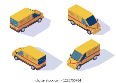Set mail car for delivery of mail and parcels, package. Concept collection classic urban letter transportation. Vector illustration.