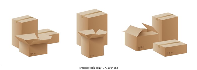 Conjunto de cajas de cartón de correo, grupo de ilustraciones vectoriales realistas aisladas en fondo blanco. Los servicios de entrega parcelan los contenedores en pilas.