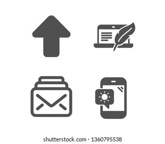 Set of Mail, Copyright laptop and Upload icons. Weather phone sign. New messages, Writer device, Load arrowhead. Travel device.  Classic design mail icon. Flat design. Vector