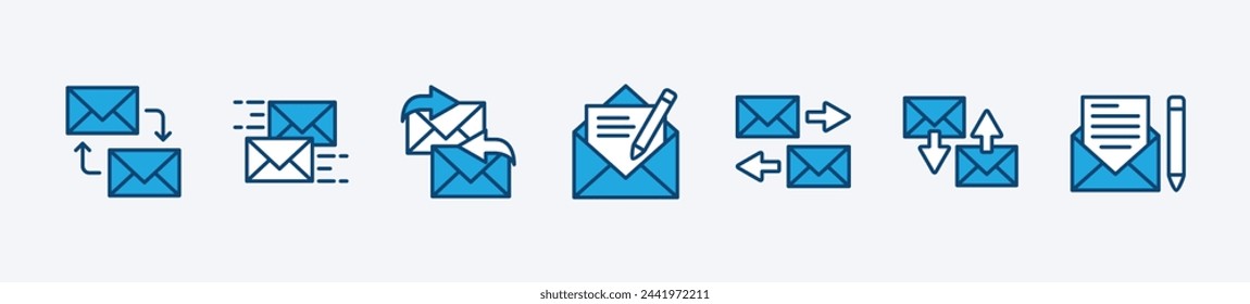 Satz von Mail-Korrespondenz-Symbol. E-Mail oder E-Mail-Zeichen und -Symbol. Enthält Antwort, Antwort, Antwort, Schreiben, Empfangen, Akzeptieren, Senden. Vektorgrafik