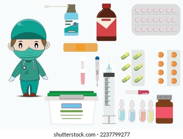 Set of mail doctor and pills collection.Bottles of drugs.tablets,capsules vitamins. Vector flat physician and health style.