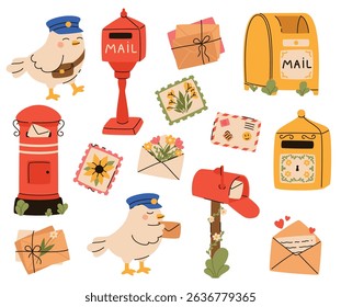 Set of mail elements. Mailboxes, pigeon, letters, envelopes, stamps. Flat vector illustration.
