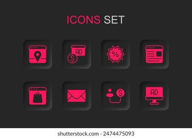Set Mail and e-mail, Advertising, Infographic of city map, Human money, Discount percent tag and Online shopping screen icon. Vector