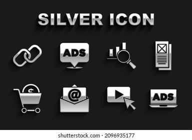 Set Mail and e-mail, Browser window, Advertising, Shopping cart dollar, Magnifying glass analysis, Chain link and  icon. Vector