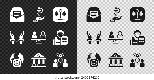 Set Mail and e-mail, Caduceus snake Medical, Scales of justice, International day peace, Courthouse building, Spy, agent, Handcuffs hand criminal e icono de igualdad de género. Vector