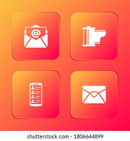 Set Mail and e-mail, Camera film roll cartridge, Smartphone with contacts and Envelope Valentine heart icon. Vector.