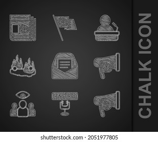 Set Mail and e-mail, Censored stamp, Megaphone dollar, Peace, Spy, agent, Burning car, Speaker and News icon. Vector